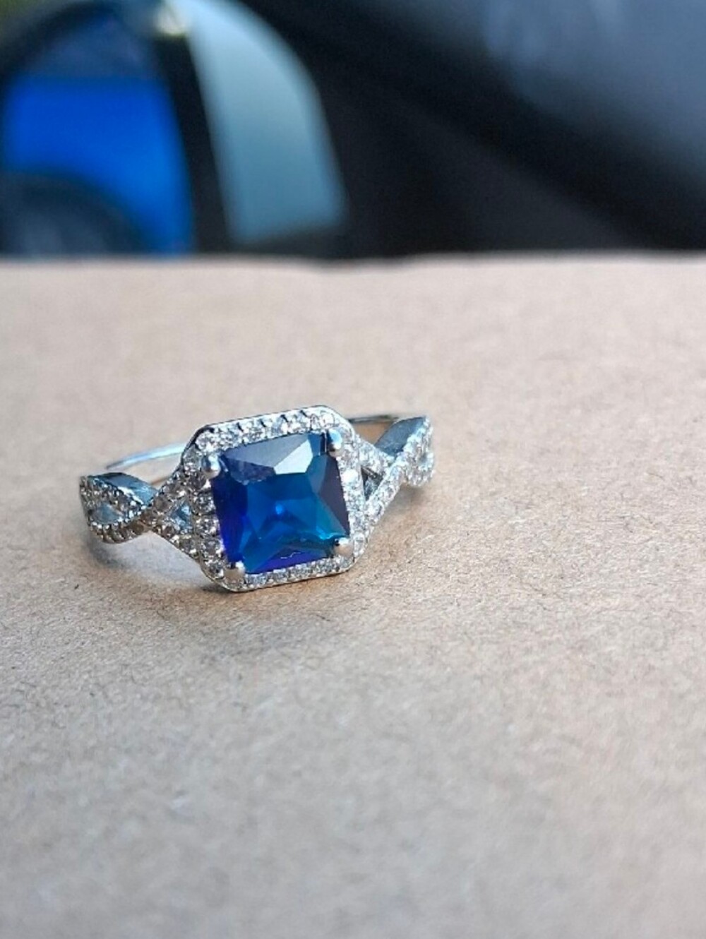 $8 Each Or Bundle 5/$20 Cobalt Blue Cushion-Cut Halo Ring with Twisted Pave Band
